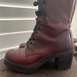 Frye Burgundy Leather Combat Boots (Sabrina Moto Lace Up)